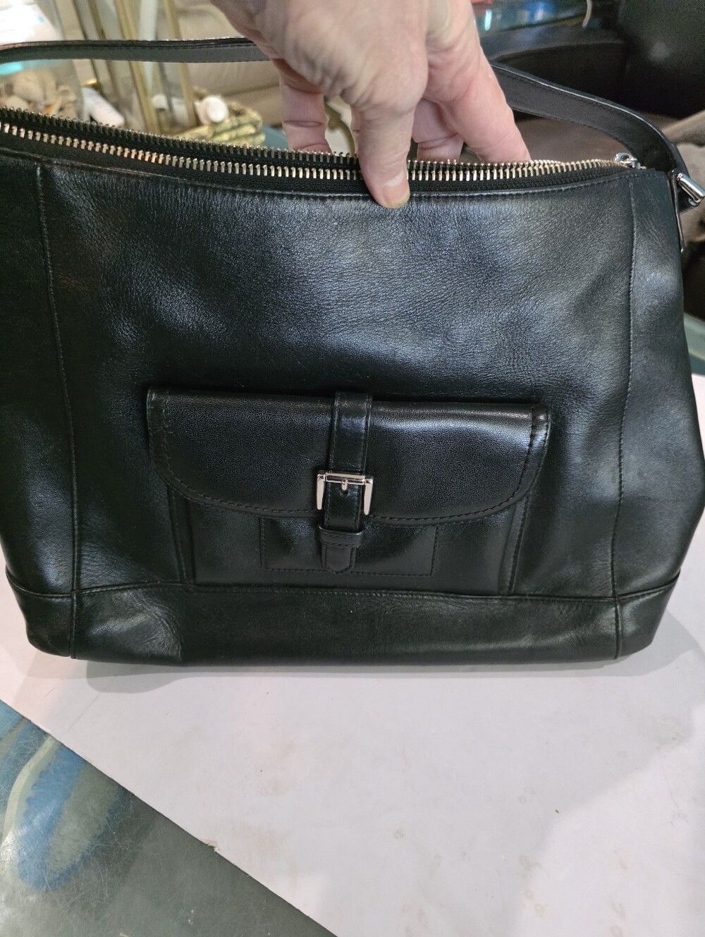 Men’s Black Leather Buckle-Front Messenger Bag